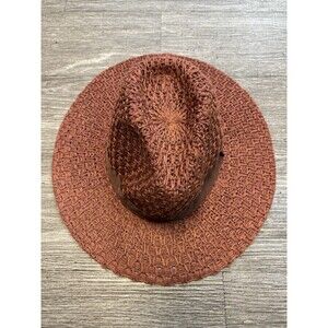 Nordstrom rust colored woven straw fedora hat w/ Brown grosgrain ribbon band OS